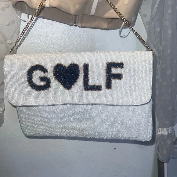 GOLF WIFEY New White & Blue Beaded Clutch Golfers Resort Country Club Vacation - Picture 6 of 16